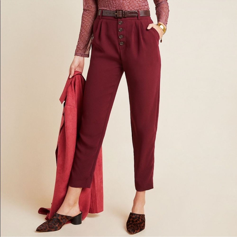 Anthropologie Sasha Button Fly Tapered Trouser in Wine Size 6 - Picture 1 of 10